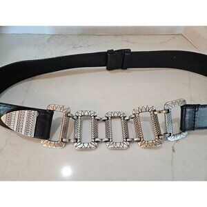 Chicos Belt Size S/M Black Leather Silver Chain Link Adjustable Slide Snap Close